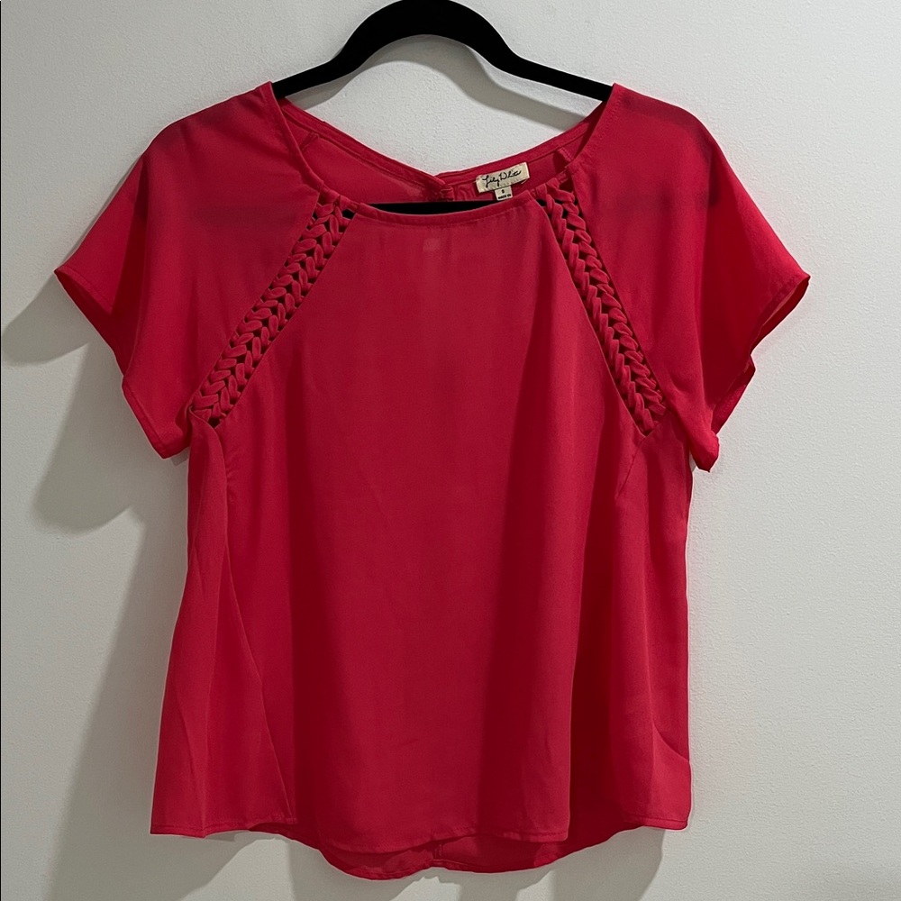 Lily White Women’s Top Small Coral Pink Braided Flowy Blouse Flutter Semi Sheer